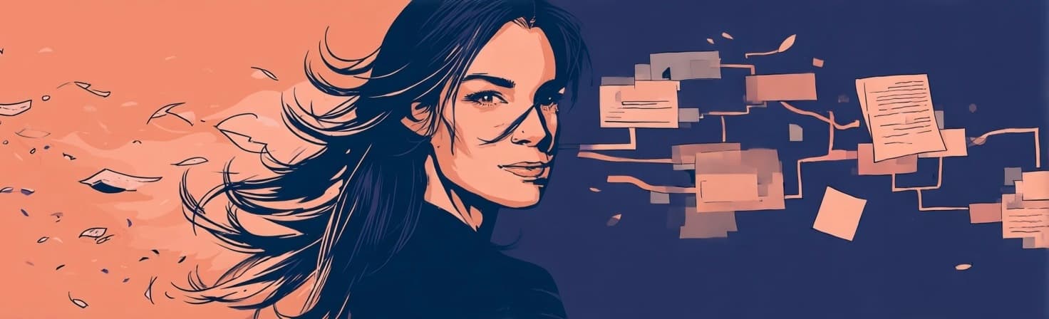 Dana turned away from a field of scattered, chaotic notes and toward a clean, ordered set of connected workflow boxes.