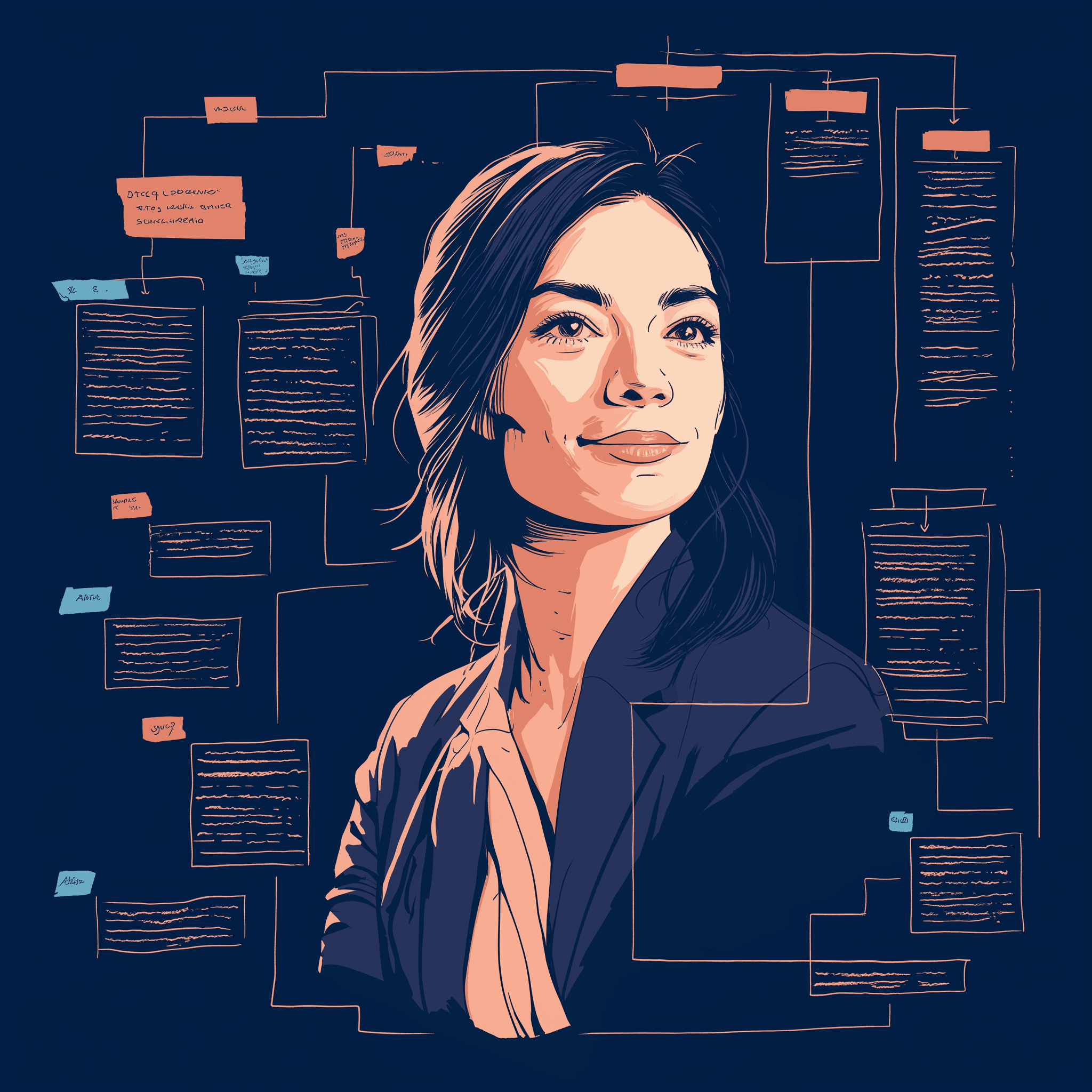 An illustration of Dana, a calm and competent operator, surrounded by a structured map of documents and connected notes: the knowledge in her head, made shareable.