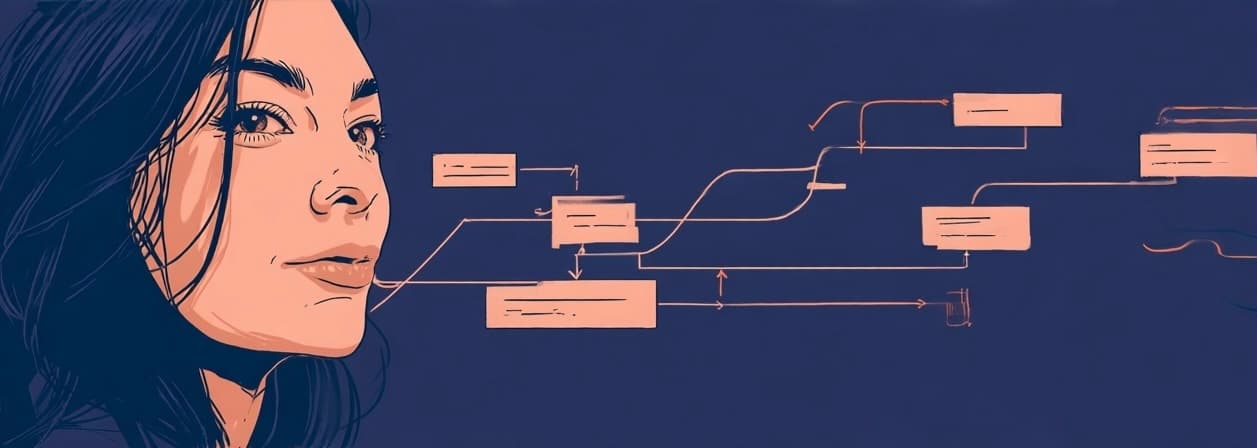 Dana on the left, her knowledge flowing across the frame and resolving into a neat, connected flowchart on the right.